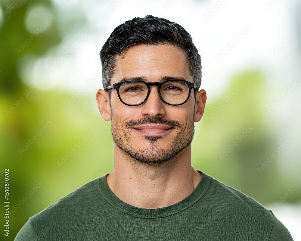 Fototapeta premium A man with glasses and a green shirt smiles softly outdoors with a blurred, natural background.