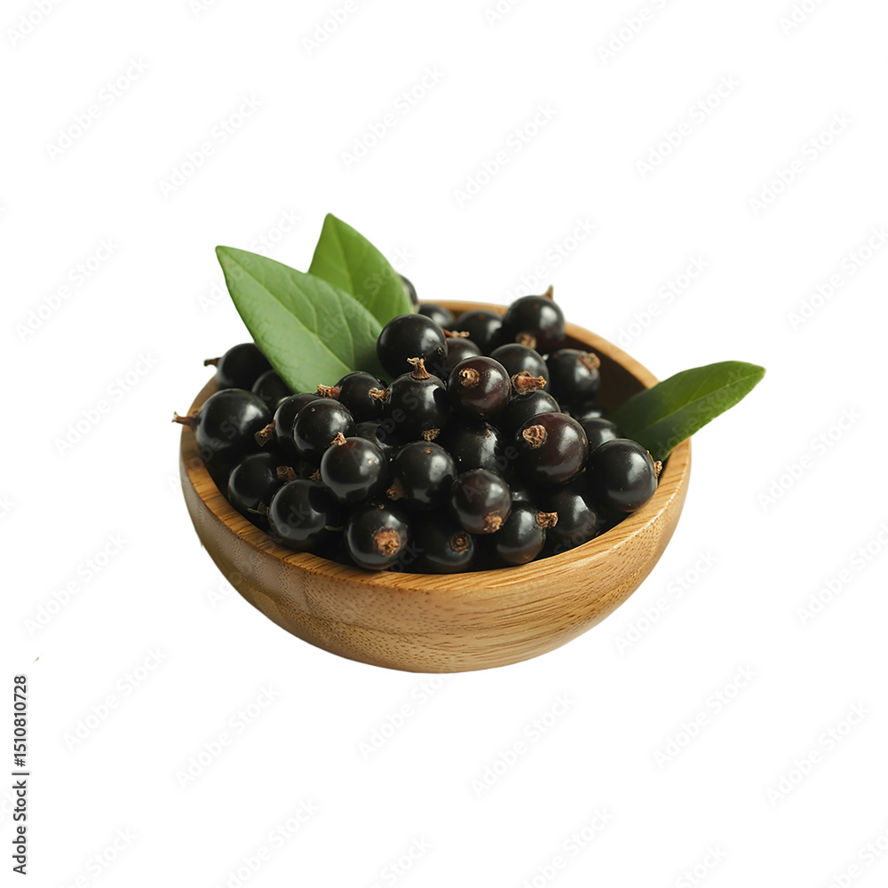 Fresh blackcurrants with green leaves inside a wooden bowl on a white background Fresh blackcurrants with green leaves inside a wooden bowl on a white background