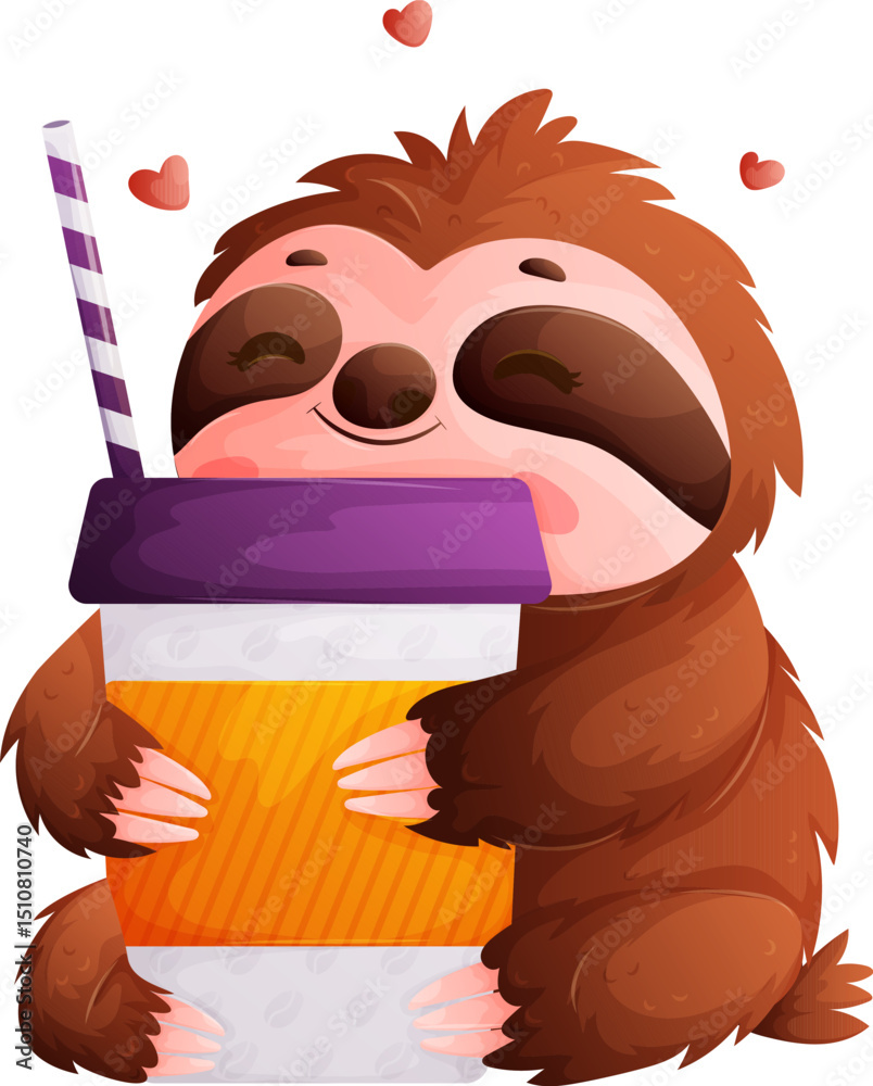 Obraz premium Cute Sloth Hugging a Coffee Cup, Surrounded by Hearts, Cartoon Style Illustration.