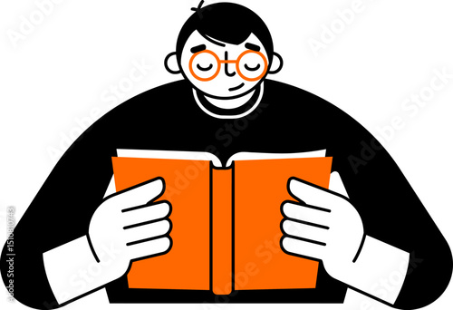 Illustration of a person reading a book with glasses on a black background for education concept vector art illustration