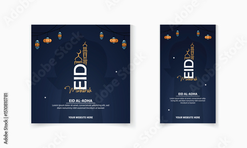 Eid Al Adha Islamic festival social media post and story design, Eid Mubarak with lantern vector