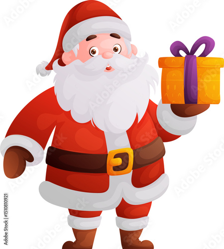 Cartoon Santa Claus Character Holding a Yellow Gift Box with Purple Ribbon.