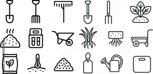 Gardening tools and supplies icons for landscaping and plant care