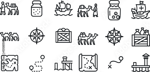 Adventure icons set: maps, compass, ships, and camels for travel design