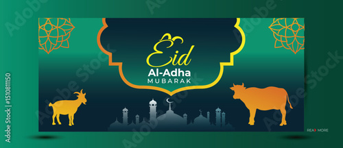 Eid al adha banner design green color. Eid Al Adha greeting card, vector