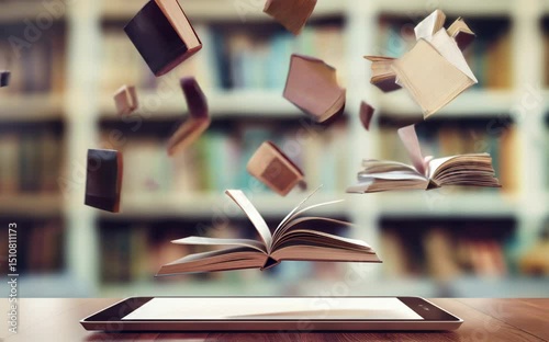 Books flying from tablet in library. Concept of digital learning and education.

