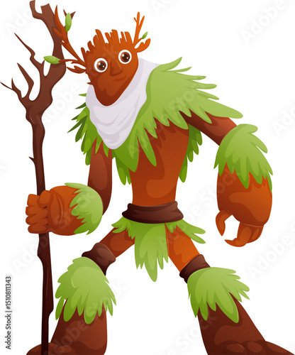 Animated Forest Guardian with Staff, Tree Bark Skin, and Green Foliage Accent.