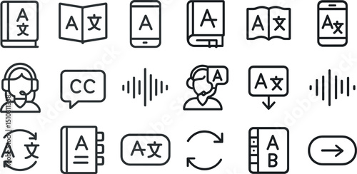 Language learning and translation icons for digital communication and education
