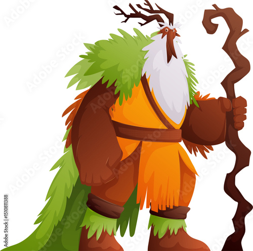Forest Spirit with Staff and Antlers, A Cartoon Nature Guardian Illustration