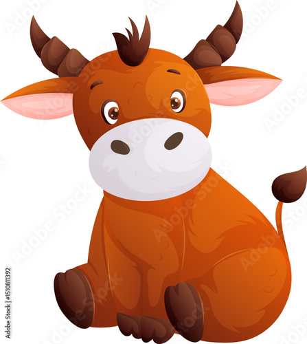 Cute Brown Baby Bull Cartoon Character with Big Eyes Sitting. Funny Ox Animal