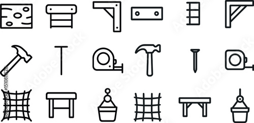 Woodworking tools and construction elements line icons for diy projects