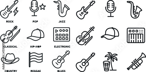 Diverse music genres icons for creative design projects