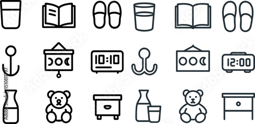 Minimalist icons for home and daily use: books, clocks, and household items