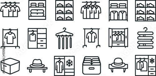 Minimalist closet and wardrobe organization icon set for fashion design