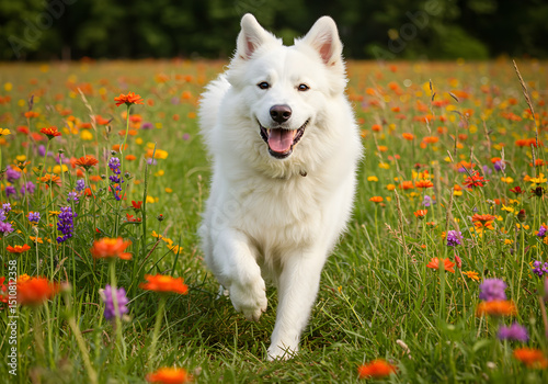 beautiful dog ran in a grassfield 