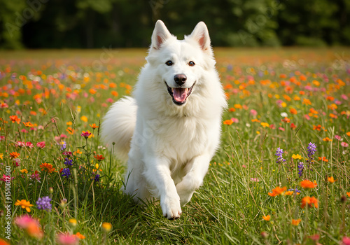 beautiful dog ran in a grassfield 