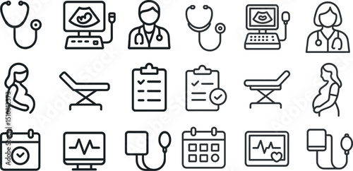 Healthcare and pregnancy icons for medical and maternity themes