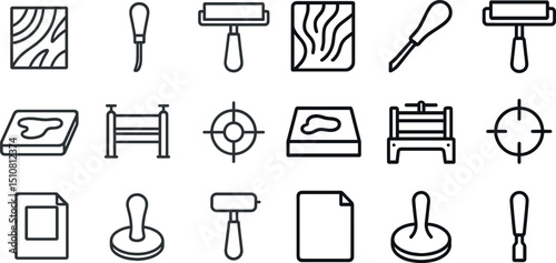Linocut and printmaking tools icons for creative design projects
