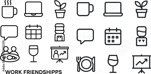 Office networking and socializing icons for workplace events and communication