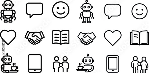 Outline icons of robots, communication, and community concepts for digital design