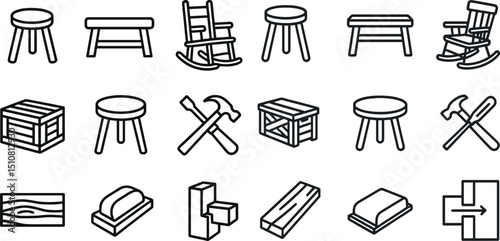 Woodworking tools and furniture icon set for design and craft projects