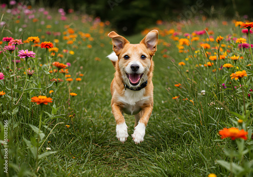 beautiful dog ran in a grassfield 