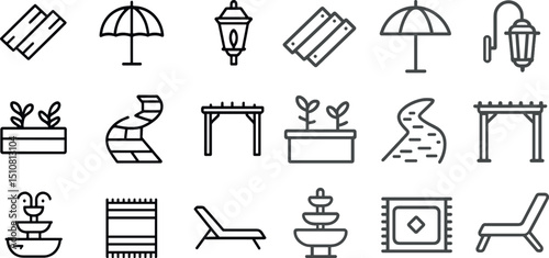 Modern outdoor furniture and decor icons for home and garden design