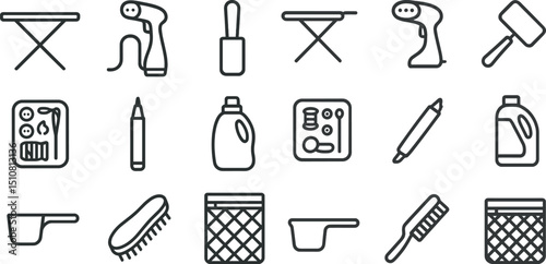 Household cleaning and laundry tools icon set for organization and design