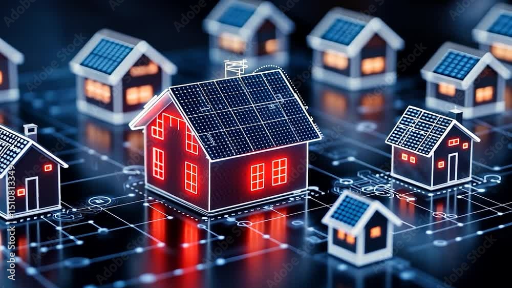Smart Home Network:  Digital visualization of a sustainable neighborhood with interconnected houses powered by solar energy. Future of housing technology.