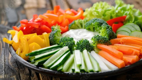 A vibrant selection of fresh vegetables arranged beautifully with a creamy dip on a rustic wooden surface