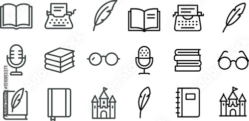 Literary and creative symbols featuring books, microphones, and quills