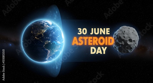 Earth and asteroid with text celebrating asteroid day on june thirtieth in space scene