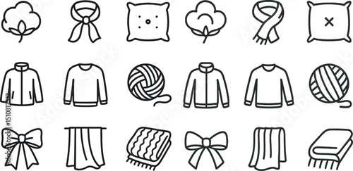 Cozy winter icons: scarves, sweaters, and soft pillows for warmth and comfort