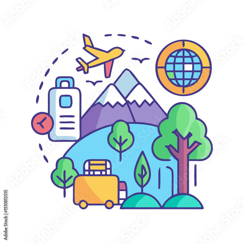 Camping, outdoor adventure Vector eco-tourism, tent, backpack, campfire, compass, kayak, hiking, travel, wilderness exploration silhouette illustration.