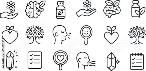 Wellness and mindfulness symbols: health, nature, and creativity icons collection
