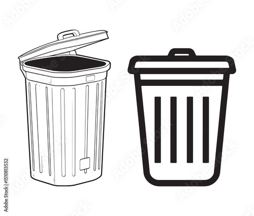 Minimalist trash can icon line art vector illustration. Two style trash cans bold & clean vector design.