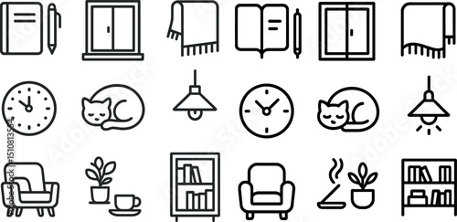 Cozy home essentials and minimalist interior decor icon collection