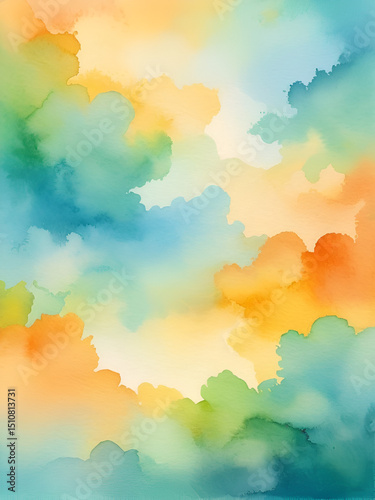 Colorful watercolor background of abstract sunset sky with paint blotches and soft blurred texture in blue green yellow beige and orange gradient background.