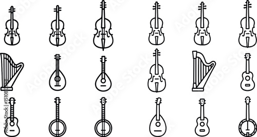 Musical instrument icons collection featuring violin, harp, and guitar illustrations