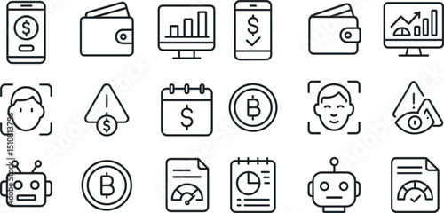 Financial technology and cryptocurrency vector icons for digital platforms