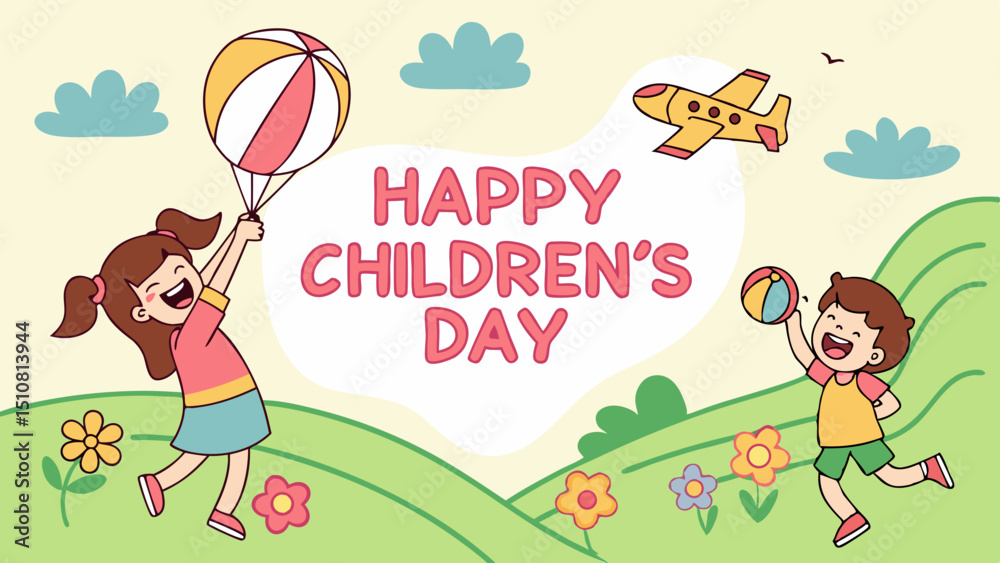 Obraz premium A cheerful fantasy-themed Children's Day illustration featuring two children playing ball in a flower-filled garden, with clouds, airplanes and trees in the background.