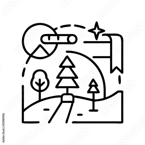Camping, outdoor adventure Vector eco-tourism, tent, backpack, campfire, compass, kayak, hiking, travel, wilderness exploration silhouette illustration.