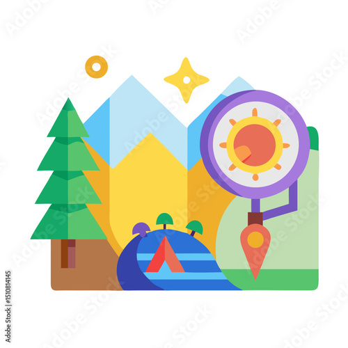 Camping, outdoor adventure Vector eco-tourism, tent, backpack, campfire, compass, kayak, hiking, travel, wilderness exploration silhouette illustration.