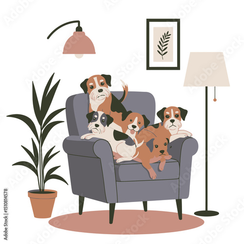Cozy Living Room Scene with Dogs Relaxing on an Armchair Surrounded by Plants and Lamps