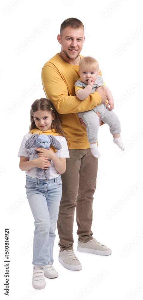 Happy father and his kids on white background Happy father and his kids on white background