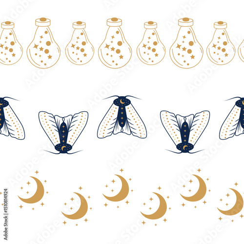 Horizontal border, set Magic and heavens seamless pattern, with magical elements Symbols of witchcraft theme