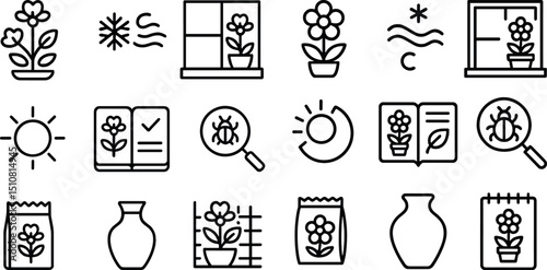 Gardening and plant care icons for eco-friendly design and outdoor decor