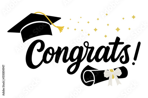 "Congratulations!" greeting sign. Congrats Graduated. Handwritten modern brush lettering with golden stars and academic cap. Text for card, T-shirt print, banner, poster. Isolated vector