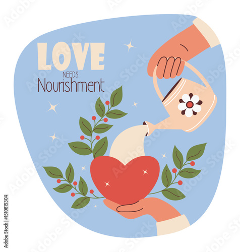 Love. Heart in hand with branches leaves. Water from Garden Watering Can. Concepts of care and kindness. Card for design, card, print and invitations. Vector illustration
