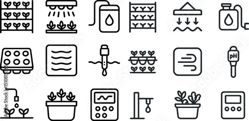 Modern hydroponic gardening icons for smart plant care designs